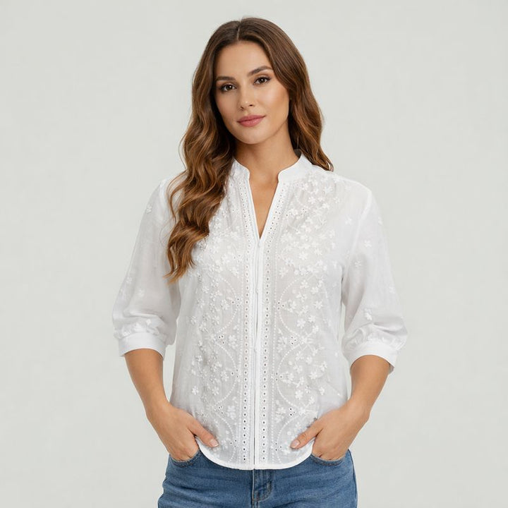 Riley | Blusa bianca ricamata con scollo a V da donna