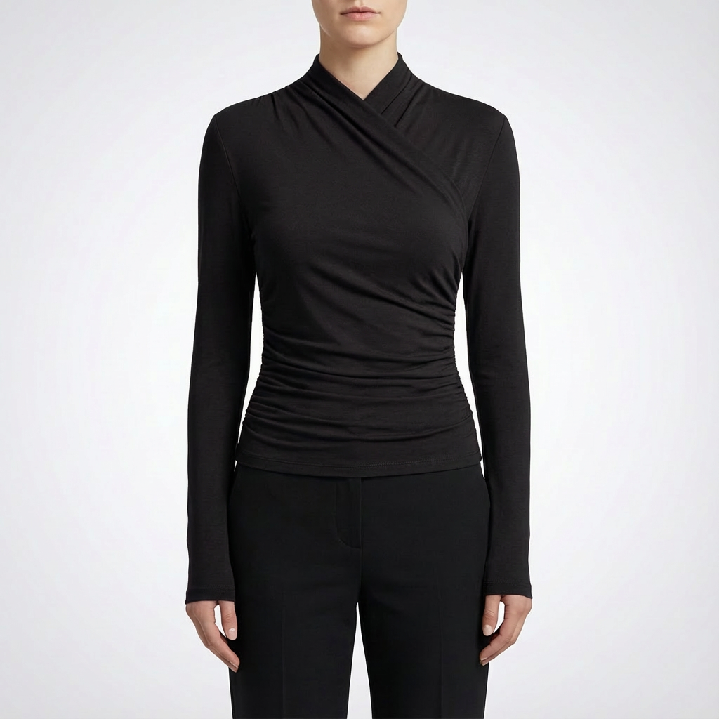 Abigail | Top Ajustado de Mujer de Manga Larga con Cuello Alto Cruzado