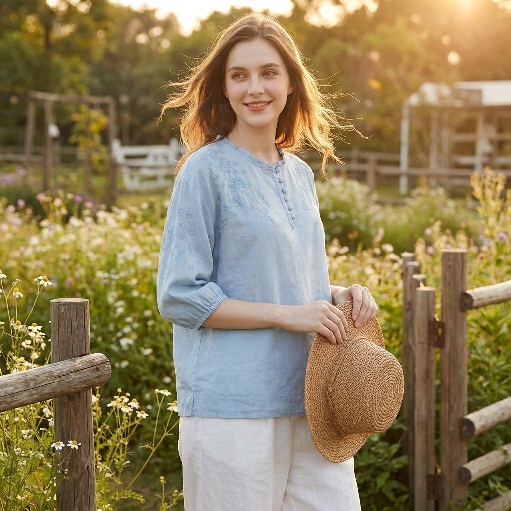 Abril | Camicetta Ricamata Donna con Manica a Sbuffo