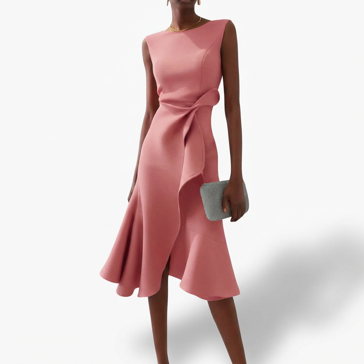 Agustina | Abito Midi Donna Drappeggiato con Volant Asimmetrico