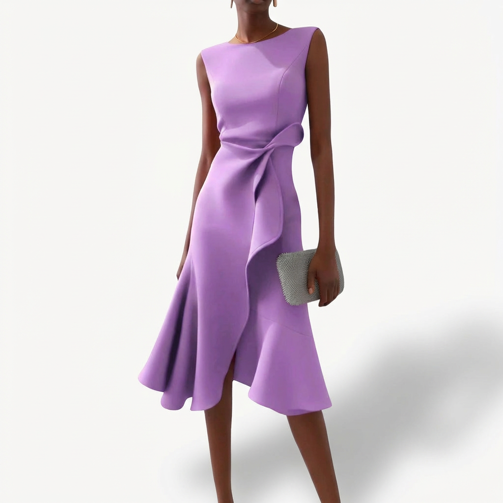 Agustina | Abito Midi Donna Drappeggiato con Volant Asimmetrico