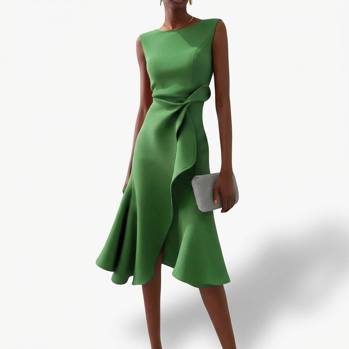 Agustina | Abito Midi Donna Drappeggiato con Volant Asimmetrico