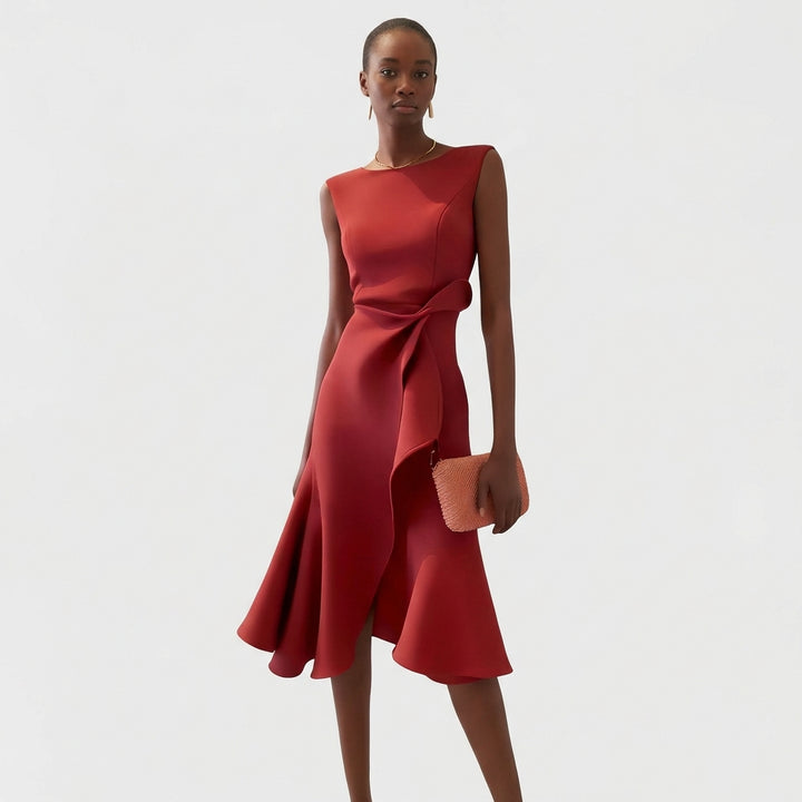 Agustina | Abito Midi Donna Drappeggiato con Volant Asimmetrico