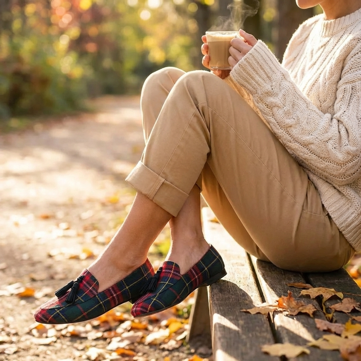 Alba | Mocassini tartan con nappine donna classici
