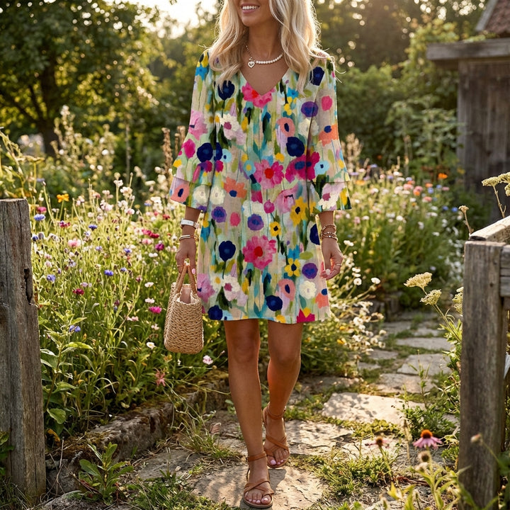 Alegría | Abito corto donna con scollo a V, manica a volant, floreale