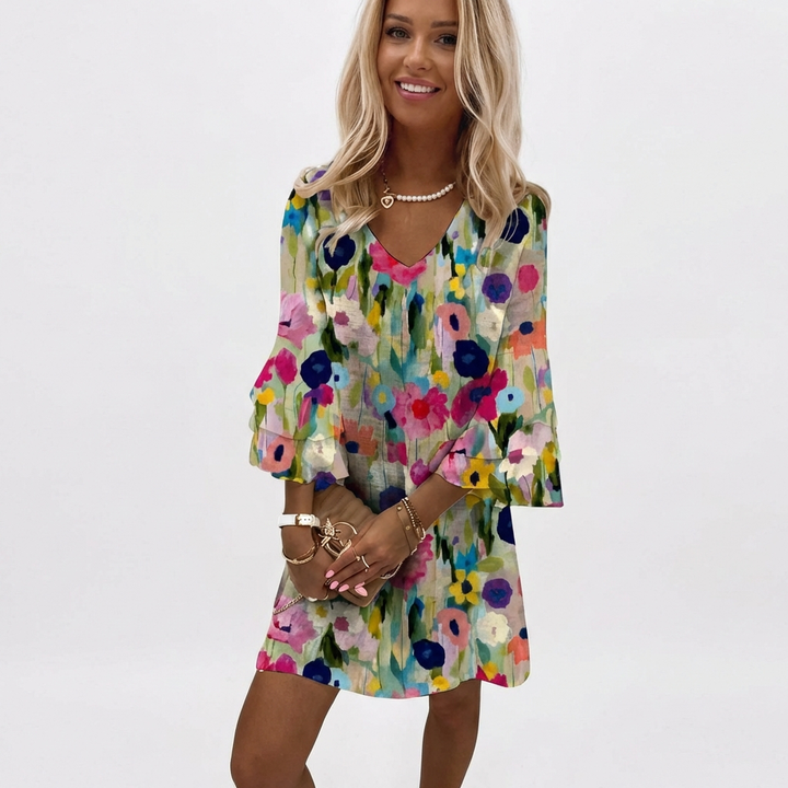 Alegría | Abito corto donna con scollo a V, manica a volant, floreale