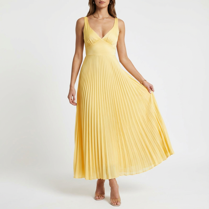 Alice | Amarillo Vestido Maxi Plisado de Mujer