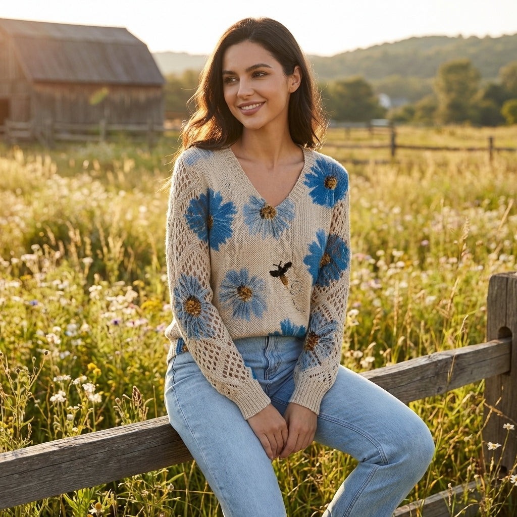 Alicia | Maglia Girocollo V Floreale con Manica Traforata Donna