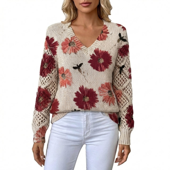 Alicia | Maglia Girocollo V Floreale con Manica Traforata Donna