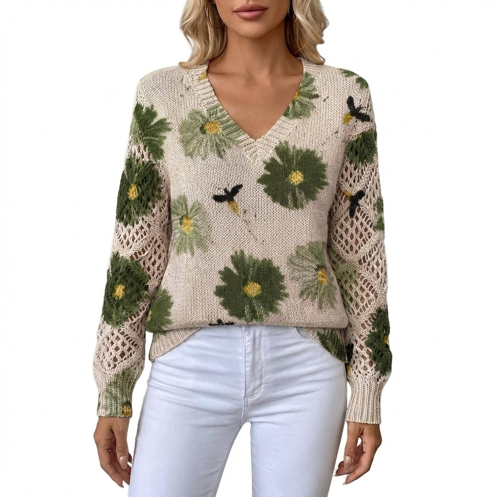 Alicia | Maglia Girocollo V Floreale con Manica Traforata Donna