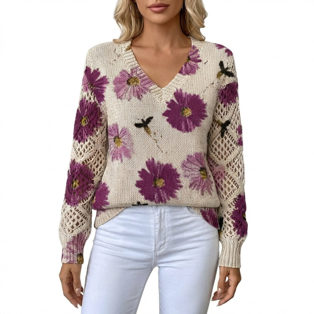 Alicia | Maglia Girocollo V Floreale con Manica Traforata Donna