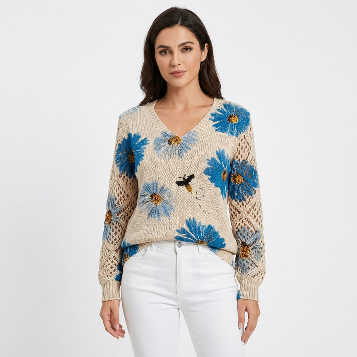 Alicia | Maglia Girocollo V Floreale con Manica Traforata Donna