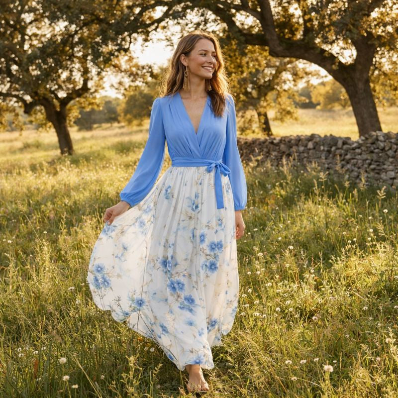 Alison | Vestito Maxi Azzurro a Maniche Lunghe da Donna