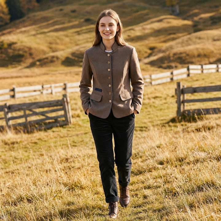 Amparo | Blazer Marrón Cuello Mao con Ribete Contraste Mujer