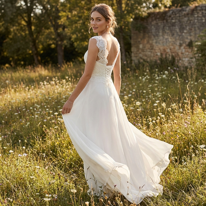 Ariadna | Vestito Maxi in Gasa Bianco con Corpetto in Pizzo e Manica a Palloncino Donna Nuziale