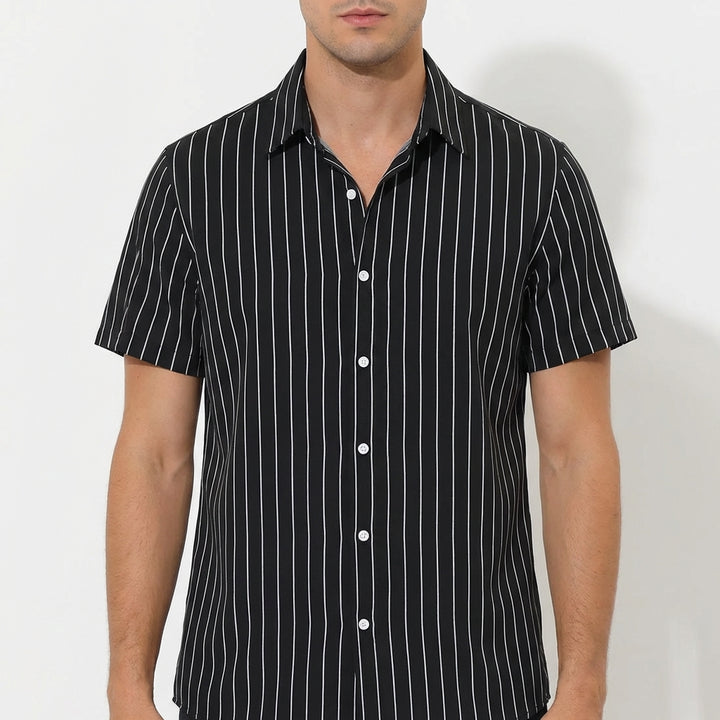 Carlos | Camicia a Maniche Corte da Uomo con Colletto Cubano e Righe Verticali | Informale