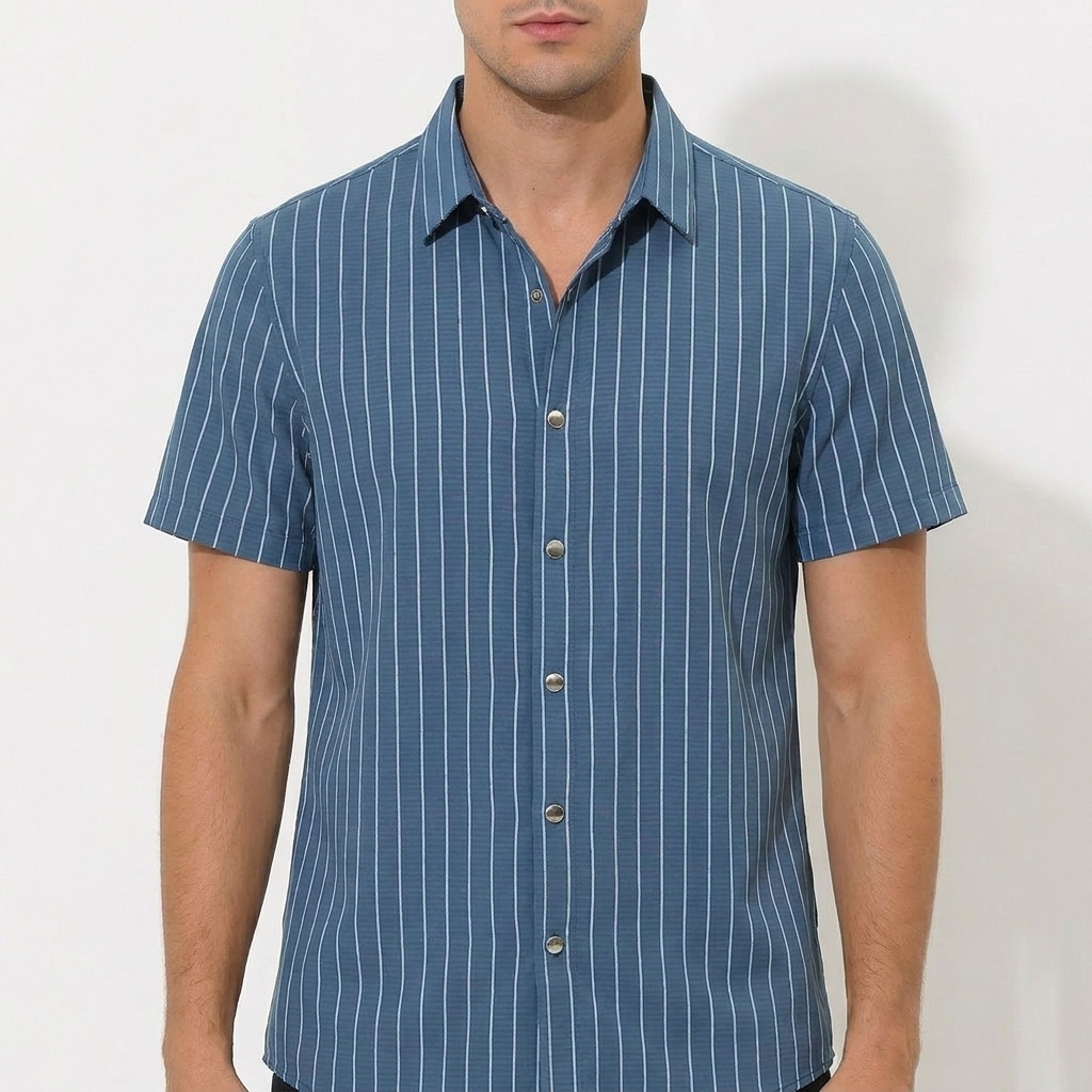 Carlos | Camicia a Maniche Corte da Uomo con Colletto Cubano e Righe Verticali | Informale
