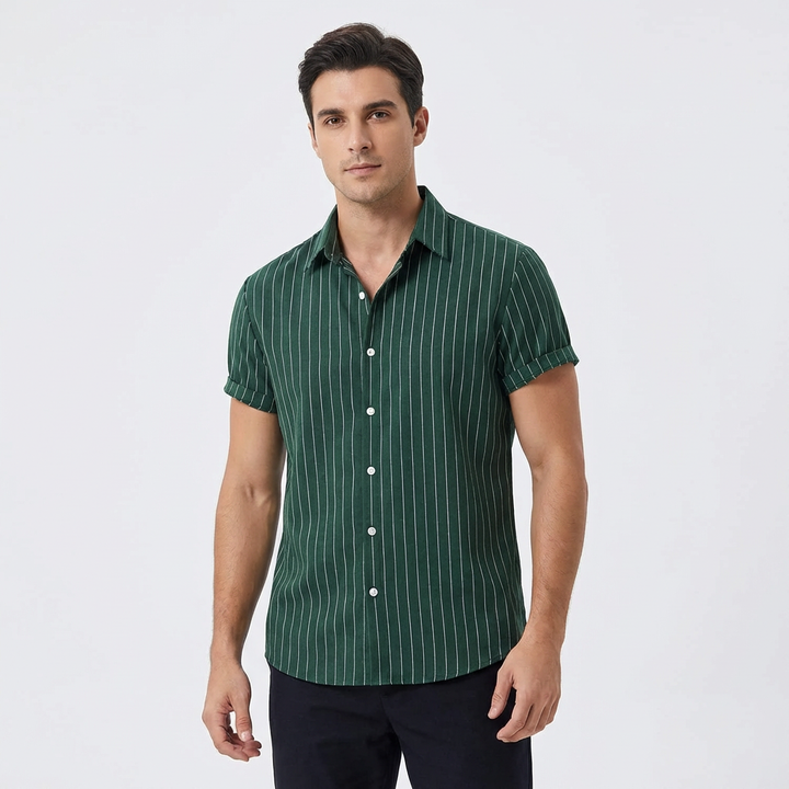 Carlos | Camicia a Maniche Corte da Uomo con Colletto Cubano e Righe Verticali | Informale
