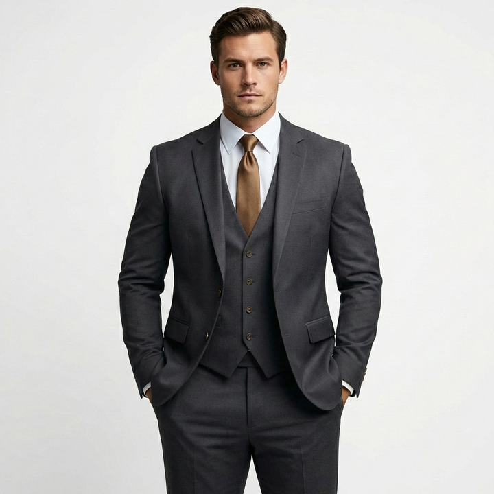 Carlos | Traje De Novio Hombre Con Chaleco Escote V Y Solapa De Muesca | Elegante