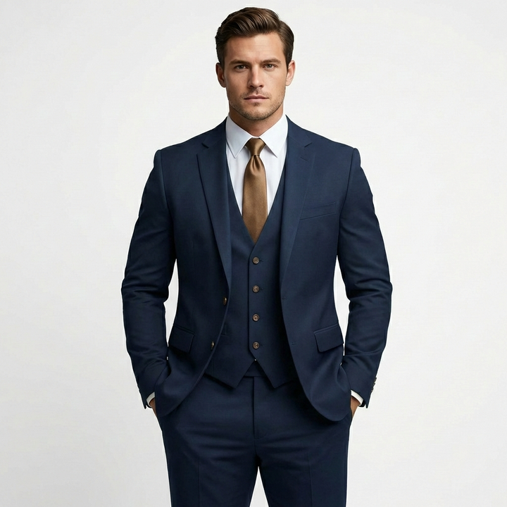 Carlos | Traje De Novio Hombre Con Chaleco Escote V Y Solapa De Muesca | Elegante