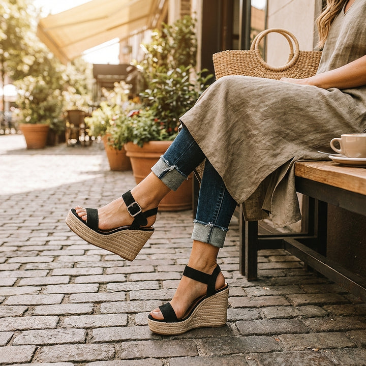 Carmen | Sandalias Cuña Mujer Con Plataforma Esparto Y Tira Al Tobillo | Veraniego