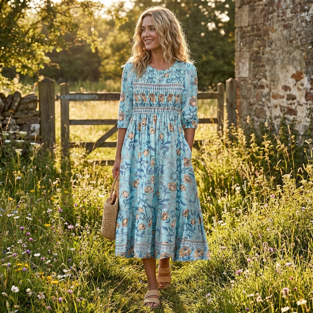 Celeste | Vestito Midi Floreale con Arricciatura Donna Boho