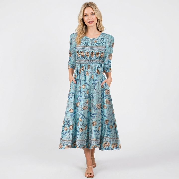 Celeste | Vestito Midi Floreale con Arricciatura Donna Boho