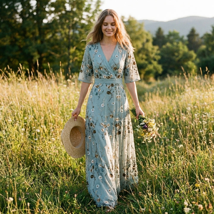 Celia | Abito Lungo Femminile a Fiori con Scollo Incrociato