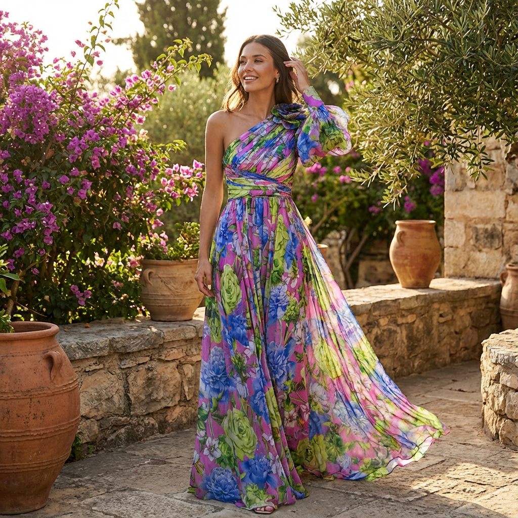 Christina | Vestido Maxi Floral de Un Hombro para Mujer