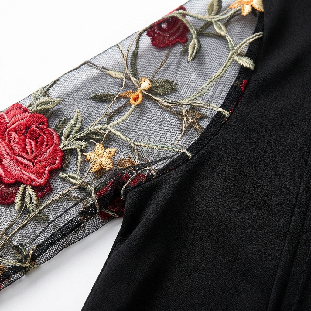 Consuelo | Abito Nero con Scollo a V e Maniche Trasparenti Ricamate Donna