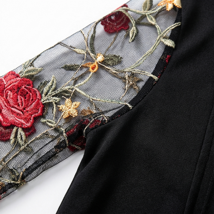 Consuelo | Abito Nero con Scollo a V e Maniche Trasparenti Ricamate Donna