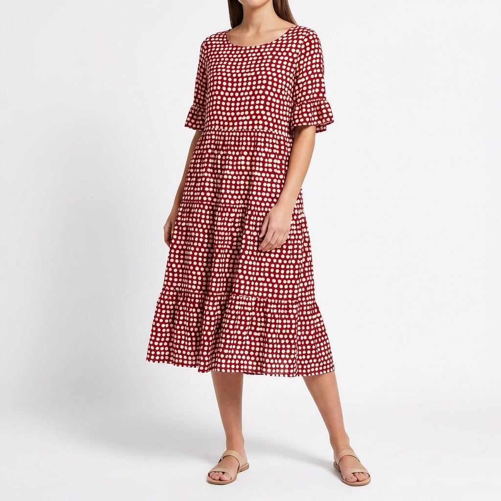 Corallo | Vestito Midi a Balze con Manica a Volant Donna