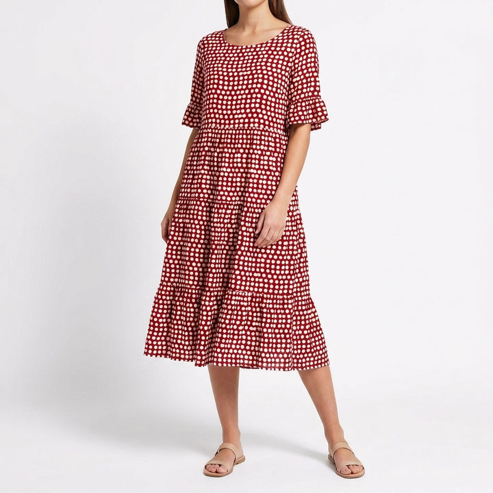 Corallo | Vestito Midi a Balze con Manica a Volant Donna