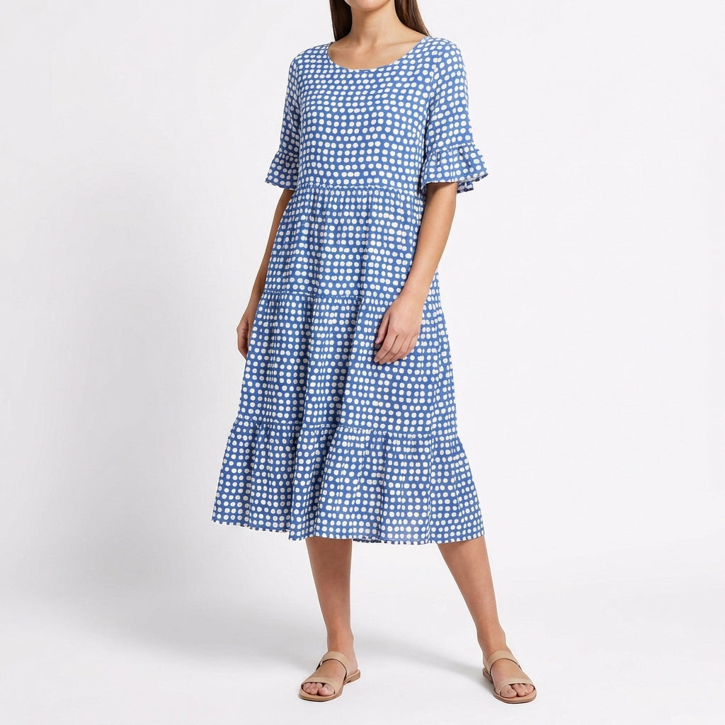 Corallo | Vestito Midi a Balze con Manica a Volant Donna