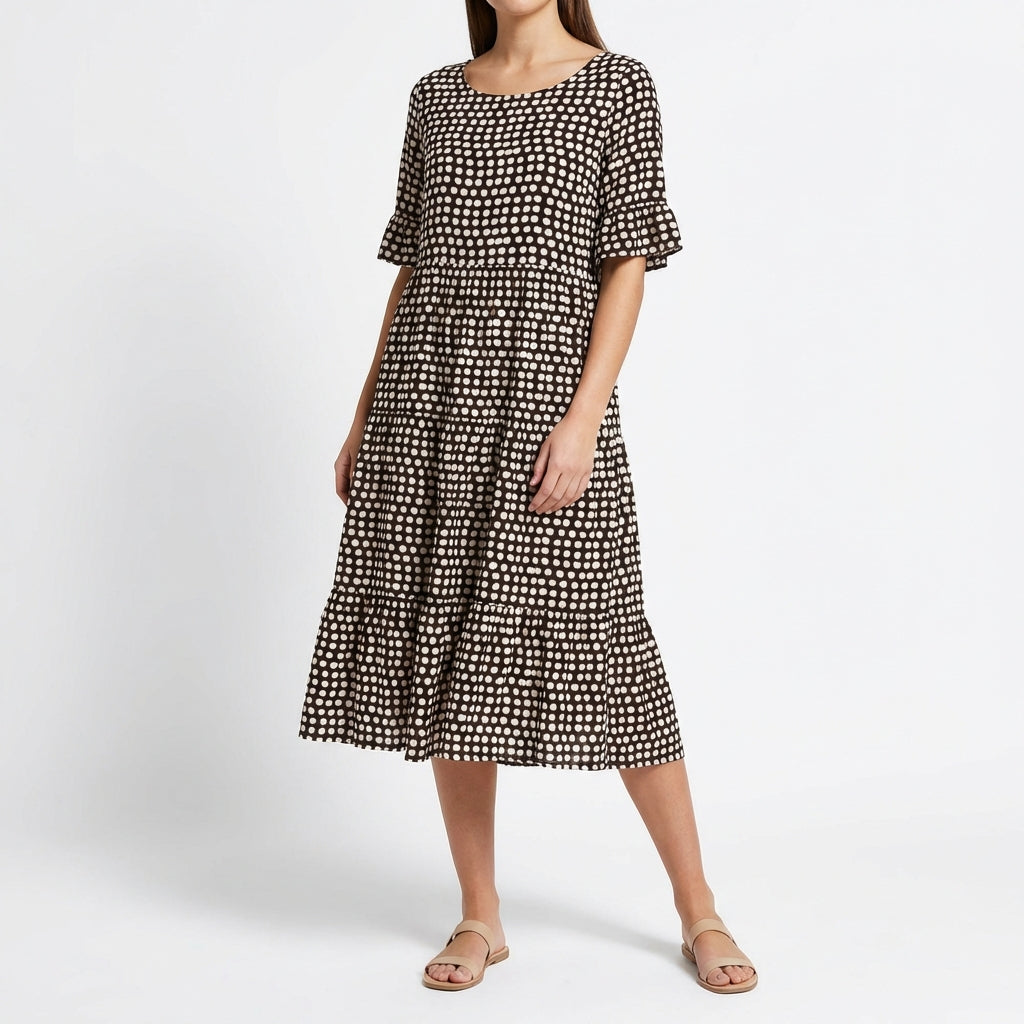 Corallo | Vestito Midi a Balze con Manica a Volant Donna