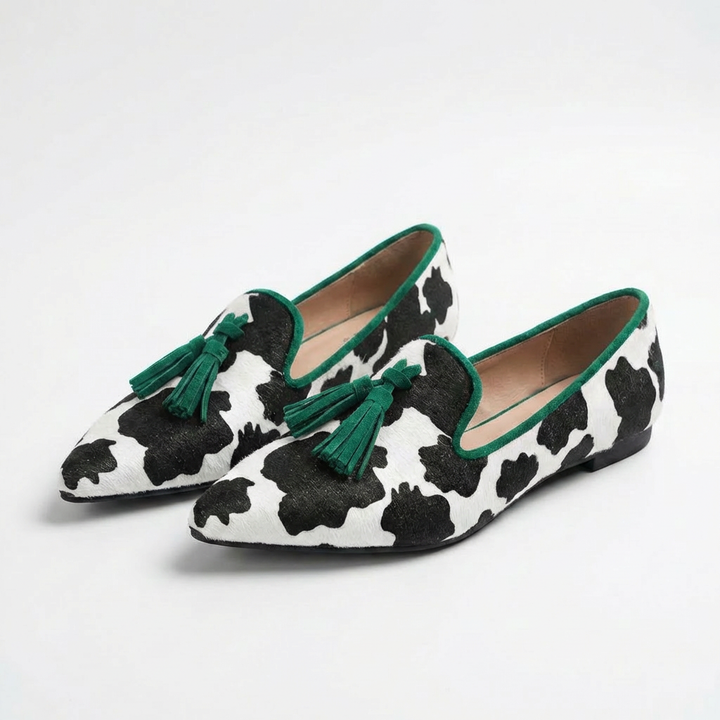 Covadonga | Mocassini Donna Punta con Stampa Mucca e Nappine