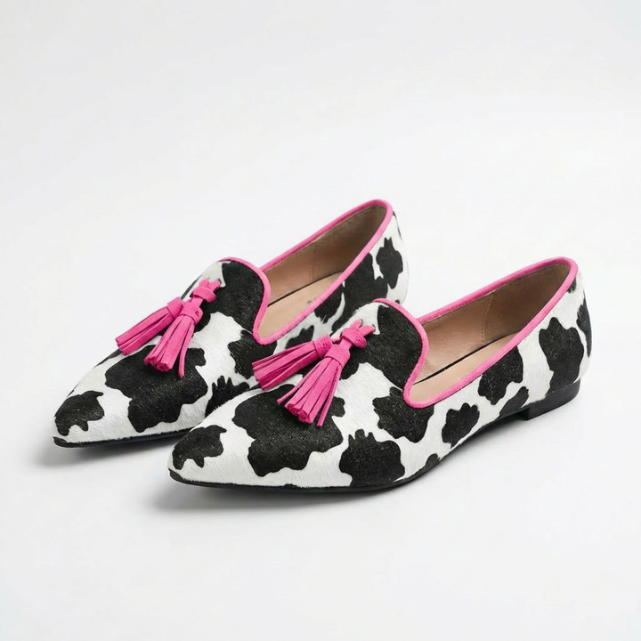 Covadonga | Mocassini Donna Punta con Stampa Mucca e Nappine