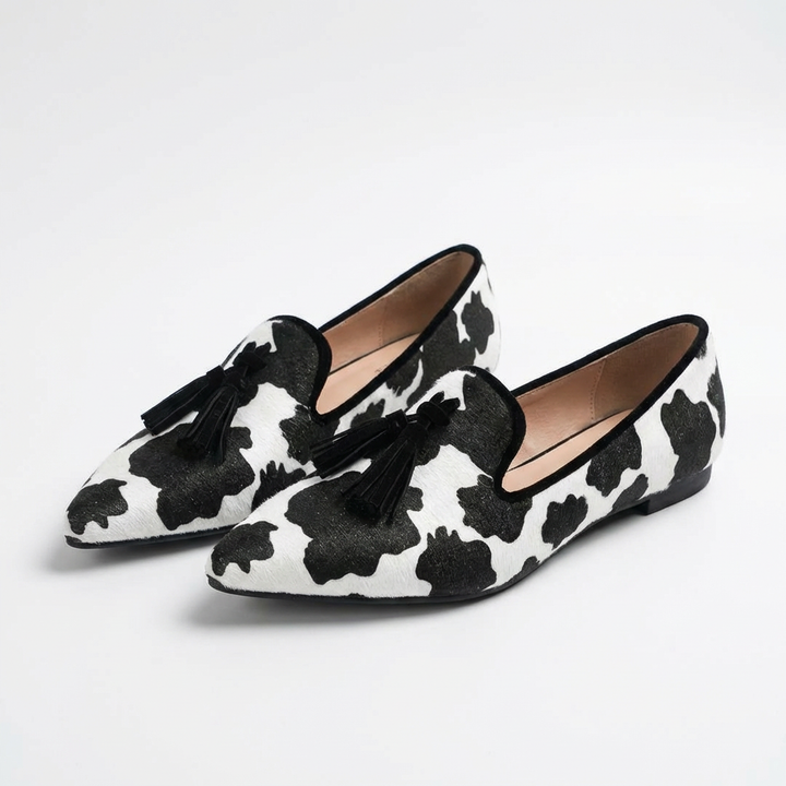 Covadonga | Mocassini Donna Punta con Stampa Mucca e Nappine