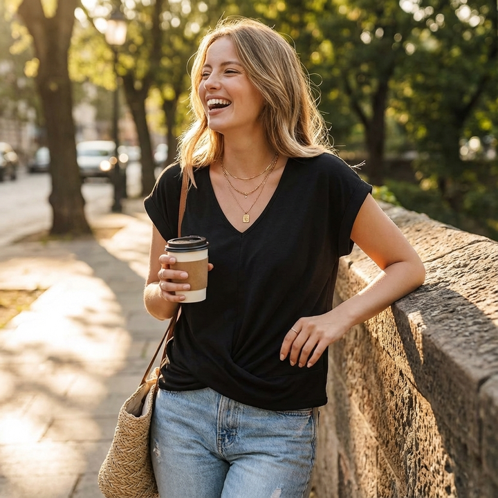 Daniela | Maglietta da Donna con Scollo a V e Dettaglio Annodato Frontale