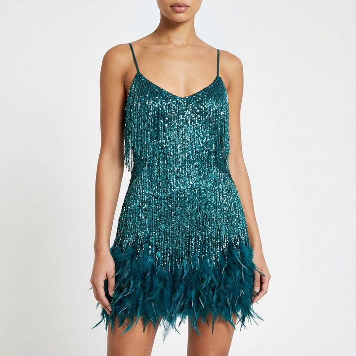 Deborah | Vestido Mini con Flecos y Cuello en V para Mujer