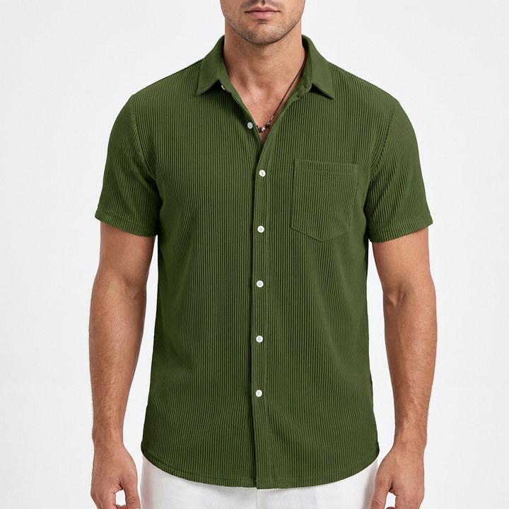 Diego | Camicia a maniche corte da uomo con trama rigata e taschino sul petto | Informale