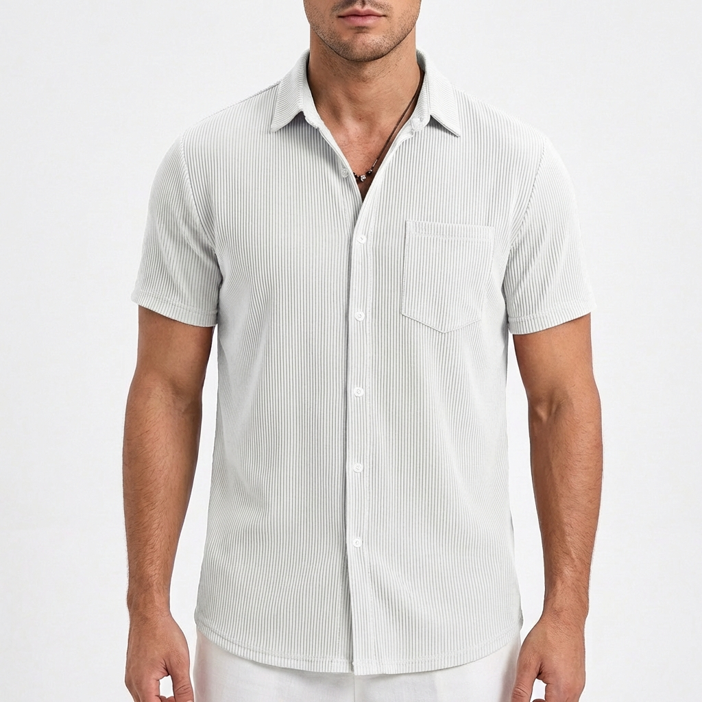 Diego | Camicia a maniche corte da uomo con trama rigata e taschino sul petto | Informale