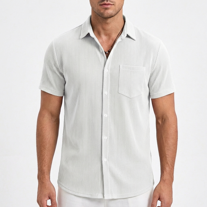 Diego | Camicia a maniche corte da uomo con trama rigata e taschino sul petto | Informale