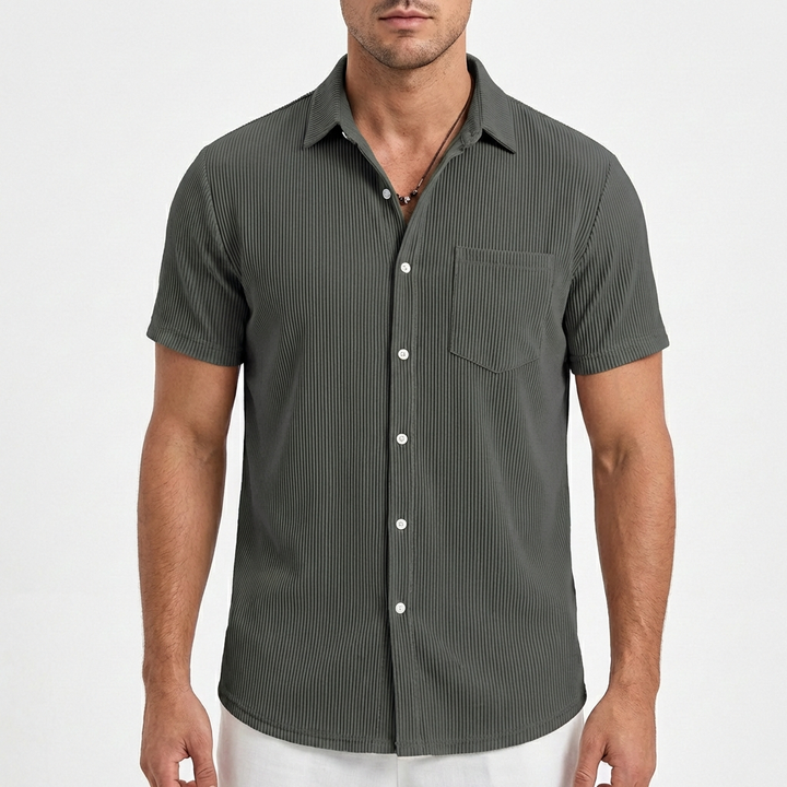 Diego | Camicia a maniche corte da uomo con trama rigata e taschino sul petto | Informale