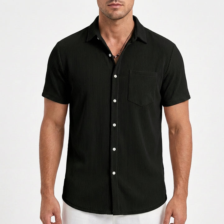 Diego | Camicia a maniche corte da uomo con trama rigata e taschino sul petto | Informale