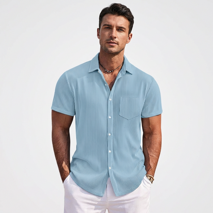 Diego | Camicia a maniche corte da uomo con trama rigata e taschino sul petto | Informale