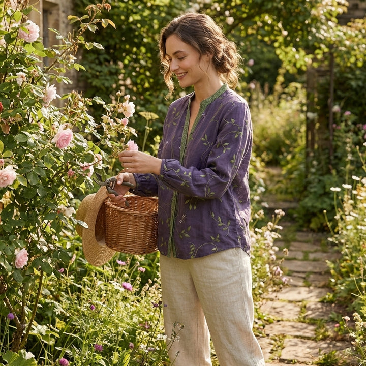 Elvira | Blusa Púrpura Estampada Cuello Mao Manga Larga Mujer