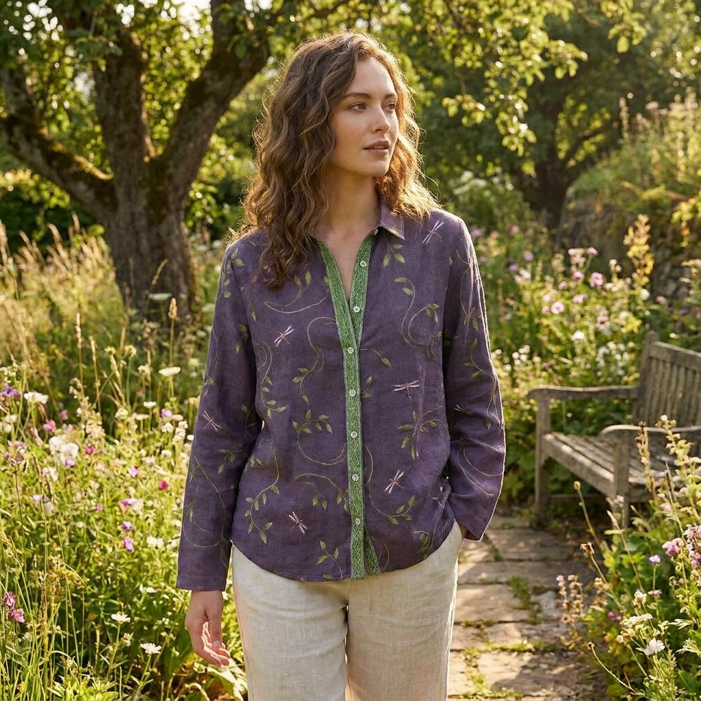 Elvira | Blusa Viola Stampata con Collo alla Coreana e Maniche Lunghe da Donna