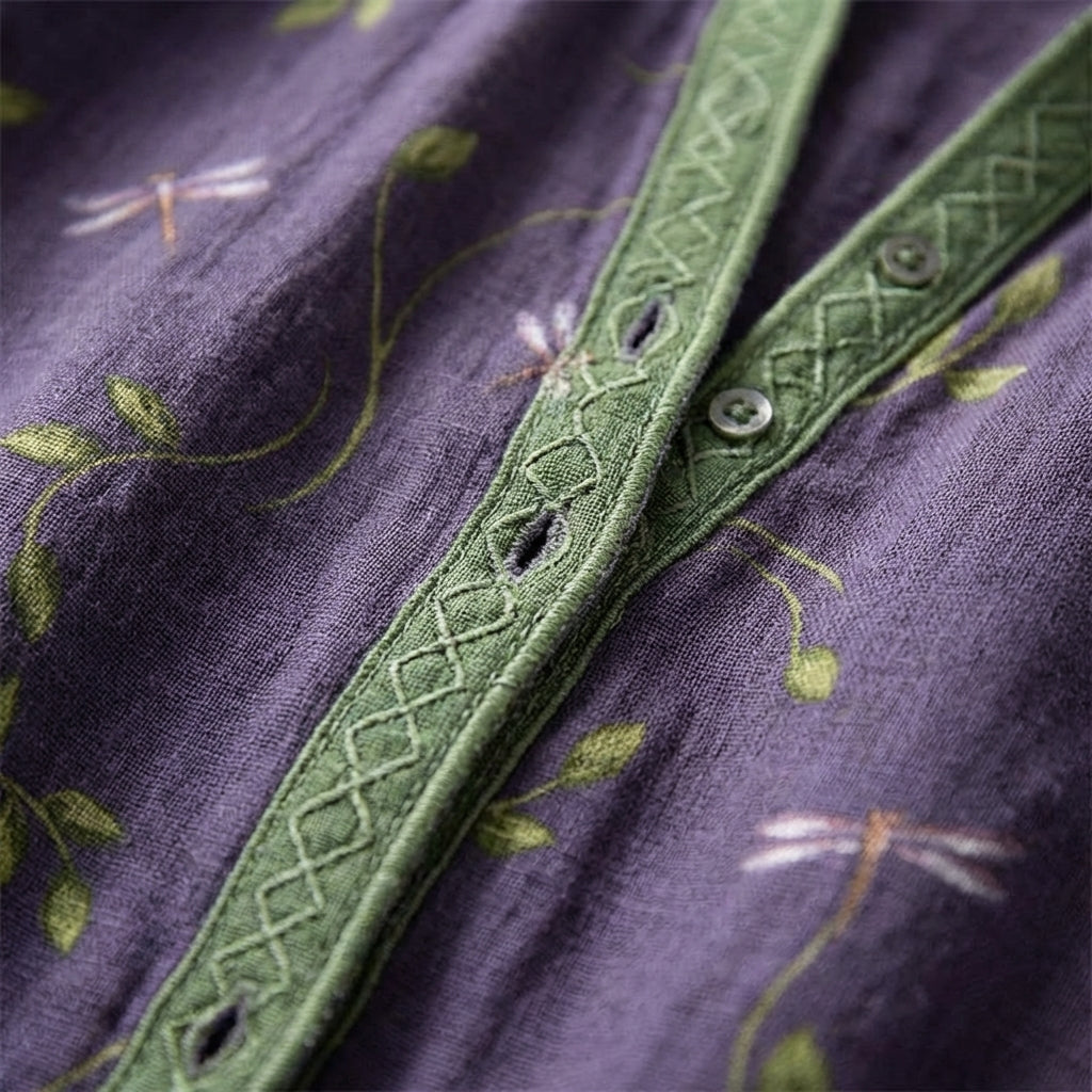 Elvira | Blusa Púrpura Estampada Cuello Mao Manga Larga Mujer