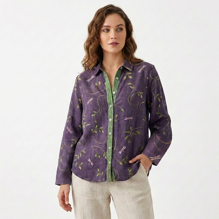 Elvira | Blusa Viola Stampata con Collo alla Coreana e Maniche Lunghe da Donna
